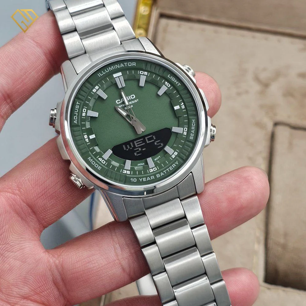 بند استیل رنگ ثابت ساعت کاسیو مدل AMW-880D-3AVDF با قفل محکم و طراحی کلاسیک.