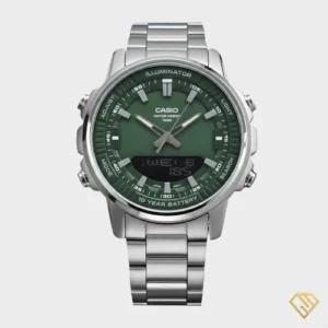 ساعت کاسیو مدل AMW-880D-3AVDF مردانه با صفحه سبز و بدنه استیل ضد زنگ.