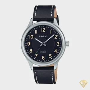 ساعت مچی مردانه کاسیو مدل MTP-B160L-1B2 خلبانی با صفحه مشکی و بند چرمی مشکی ضد آب و شب‌نما