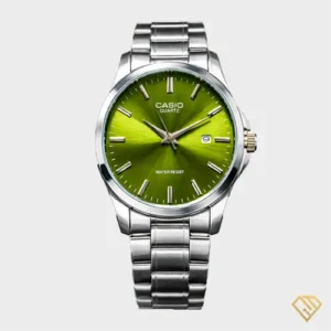 ساعت مردانه کاسیو مدل mtp-1199 - صفحه سبز کم رنگ با بند و بدنه استیل